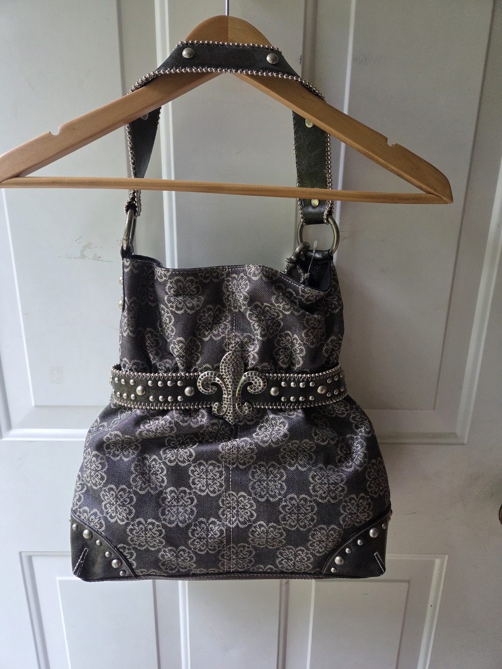 Kathy Van Zeeland Belted Stud-Trim Fleur de Lis Accent Hobo Shoulder Bag - Black